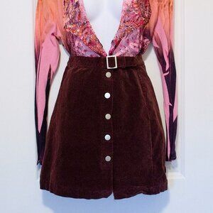 (W Large) In Loom Brown Corduroy Button Up Mini Skirt Flat Metal Buttons Buckle